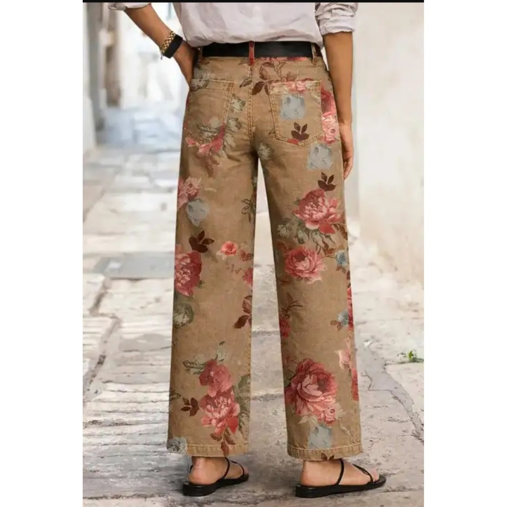 Flamingals Khaki Floral Rose Print High Rise Straight Leg Cropped Pants Small - Picture 2 of 10